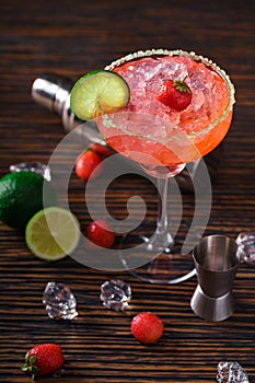 Strawberry Margarita and bartending tools,top view