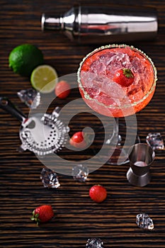 Strawberry Margarita and bartending tools,top view