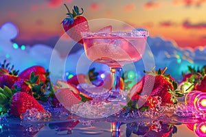 Strawberry Margarita Cocktail on Color Neon Background, Tropical Mocktail, Beach Party Coctail