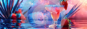 Strawberry Margarita Cocktail on Color Neon Background, Tropical Mocktail, Beach Party Coctail photo