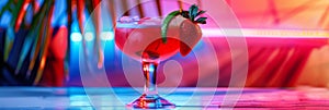 Strawberry Margarita Cocktail on Color Neon Background, Tropical Mocktail, Beach Party Coctail photo
