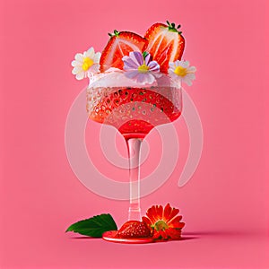 Strawberry Margarita Cocktail on Pink Background, Tropical Mocktail, Party Coctail, Bar Drink, Abstract Generative AI Illustration