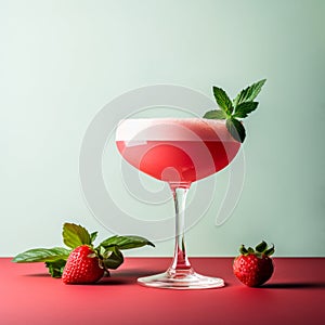 Strawberry margarita cocktail in salt-rimmed glass isolated on white background