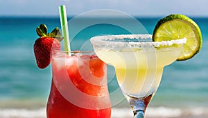 strawberry margarita and Daiquiri frozen and on ice with lime and berry fruit at beach side for summer time relaxation in the sun