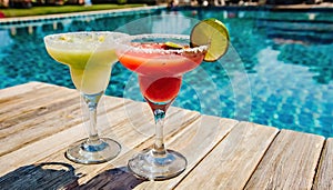 strawberry margarita and Daiquiri frozen and on ice with lime and berry fruit at pool side for summer time relaxation in the sun