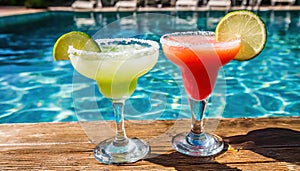 strawberry margarita and Daiquiri frozen and on ice with lime and berry fruit at pool side for summer time relaxation in the sun