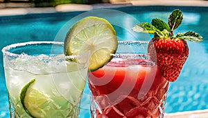 strawberry margarita and Daiquiri frozen and on ice with lime and berry fruit at pool side for summer time relaxation in the sun
