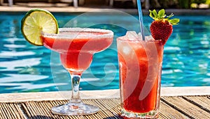 strawberry margarita and Daiquiri frozen and on ice with lime and berry fruit at pool side for summer time relaxation in the sun