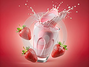 Strawberry milk splash in glass. Strawberry yogurt