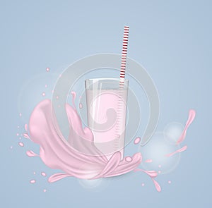 Strawberry milk splash with glass. Vector illustration