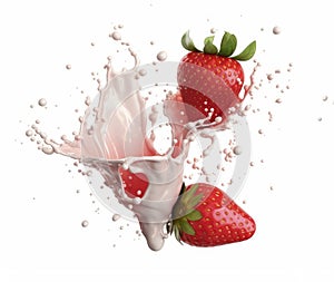 strawberry with milk splash isolated on white background. 3d illustration