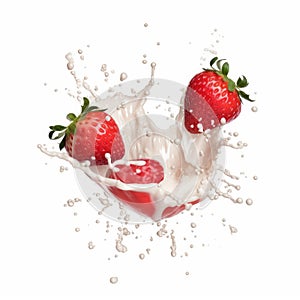 Strawberry with milk splash isolated on white background. 3d illustration