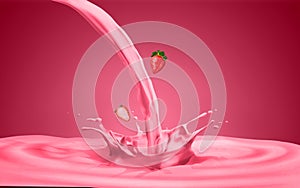 Strawberry milk splash with ripples around strawberry milk shake natural fresh milk