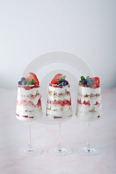 Strawberry milk yogurt desert in glasses