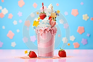 strawberry milkshake with fresh berries on top