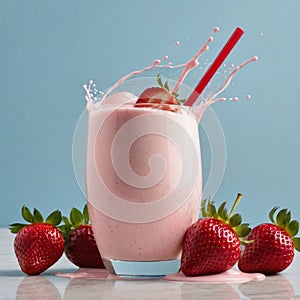 Strawberry milkshake in glass with straws and fresh strawberries