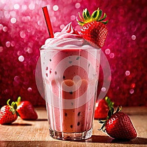 Strawberry Milkshake, rich sweet dairy ice cream and milk drink beverage