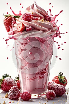 Strawberry milkshake splash on a white background