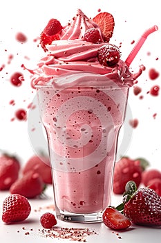 Strawberry milkshake splash on a white background