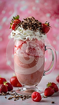 A strawberry milkshake with whipped cream and chocolate shavings in a glass