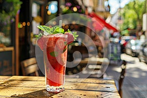 Strawberry mint cocktail on rustic outdoor cafe table - perfect summer refreshment