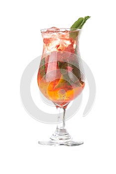 Strawberry Mojito Cold summer cocktail with strawberries, mint, lemon and ice isolated on white background