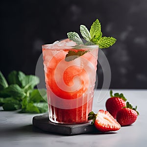Strawberry mojito. Mocktail or coctail with strawberries and mint leafs. The refreshing red drink on dark gray background, close