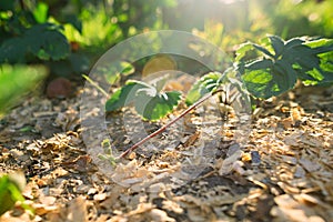 Strawberry Mustache. Sprouts of new small young strawberry plants for propagation