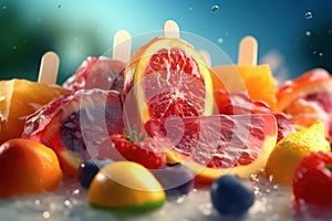 Strawberry, orange, lemon and blueberry fruit ice, refreshing fruity icecream, AI Generated