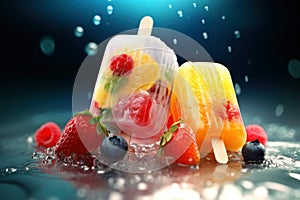 Strawberry, orange, lemon and blueberry fruit ice, refreshing fruity icecream, AI Generated