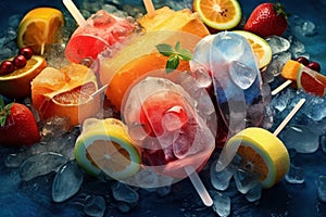 Strawberry, orange, lemon and cherry fruit ice, refreshing fruity icecream, AI Generated