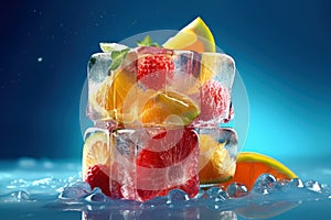 Strawberry, orange and lemon fruit ice, refreshing fruity icecream on blue background, AI Generated