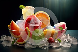 Strawberry, orange, lemon and mint fruit ice, refreshing fruity icecream, AI Generated