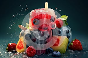 Strawberry, orange, raspberry, lime, lemon and blueberry fruit ice, refreshing fruity icecream, AI Generated