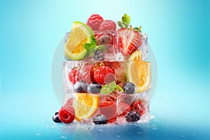 Strawberry, orange, raspberry, lime, lemon and blueberry fruit ice, refreshing fruity icecream on blue background, AI Generated