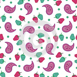 Strawberry Paisley-Paisley Dreams seamless repeat pattern in pink,red,green and white