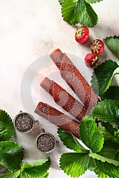Strawberry pastille with Chia seeds. Health food. Copy of the space