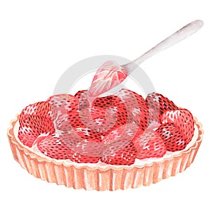 Strawberry pie and a spoonful of jelly. Watercolor illustration. Isolated on a white background.