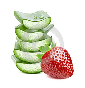 Strawberry and pile of aloe vera slices isolated on white background