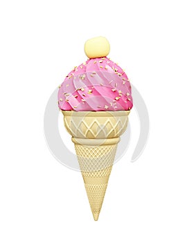 Strawberry pink ice cream cone with cherry on top isolated on white