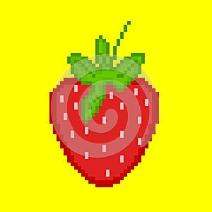 A strawberry pixel art 8 bit video game style fruit icon. Pixel art. Pixel art of Strawberry in yellow background.