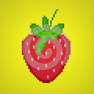 A strawberry pixel art 8 bit video game style fruit icon. Pixel art. Pixel art of Strawberry in yellow background.