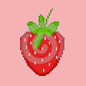 A strawberry pixel art 8 bit video game style fruit icon. Pixel art. Pixel art of Strawberry in yellow background.