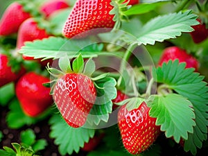 Strawberry plant with red strawberries in the garden isolated close-uo