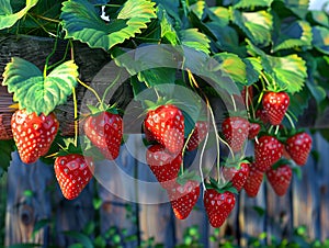 Strawberry plant with ripe strawberries hanging from the vine