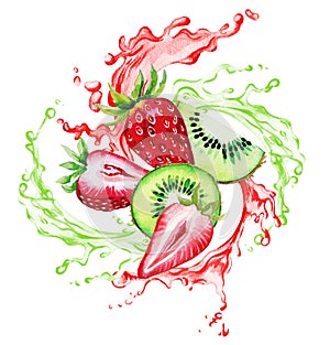 Strawberry and qiwi in the splash of red and green juice