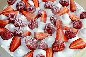 Strawberry, raspberries in powdered sugar and photo