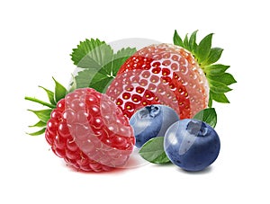 Strawberry, raspberry and blueberry isolated on white background