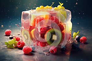 Strawberry, raspberry, kiwi, grapes and blueberry fruit ice, refreshing fruity icecream, AI Generated