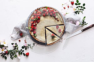 Strawberry and Red Fruits Tart with Coconut and Chamomille cream. Vegan Dessert